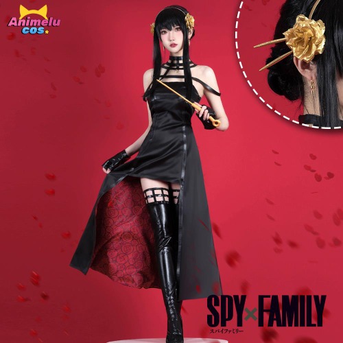 Anime Spy Family Yor Forger Cosplay Killer Assassin Gothic Halter Black Dress Outfit Cosplay Costume with Leather Stockings