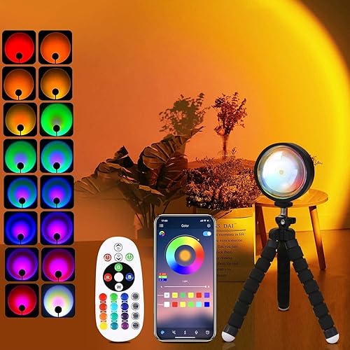 QUIGO Sunset Lamp Sonnenuntergang Lampe Schlafzimmer Nachtlicht Dimmbar Led lampen Licht Projektor Sonnenlicht Sonnenlampe Stimmungslicht Rgb Lichter Night Light Aesthetic Room Decor - Stativ-rgb- App/ Fernbedienung