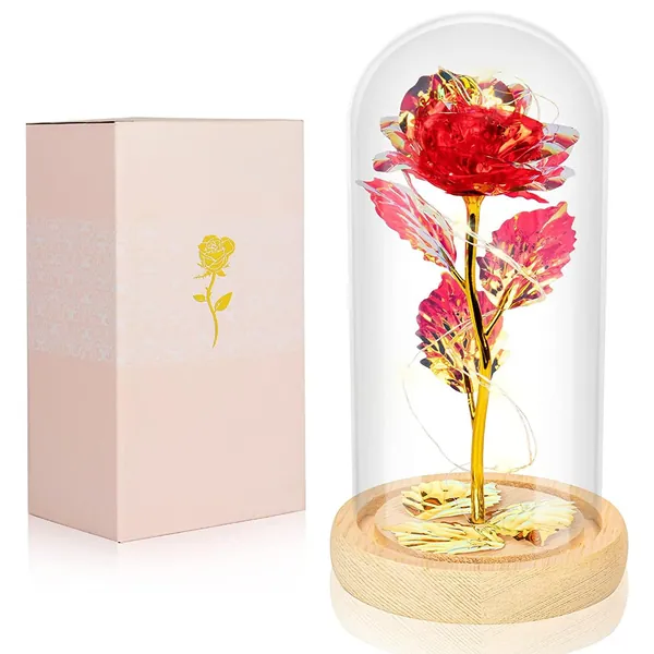 Kit de Rosas- Rosa de Cristal con Luz LED, Forma de Cúpula de La Bella y La Bestia, Regalo de Galaxia Encantada, Rosa Artificial Colorida Para Siempre, Flores Inmortales, El Regalo Perfecto para Ella