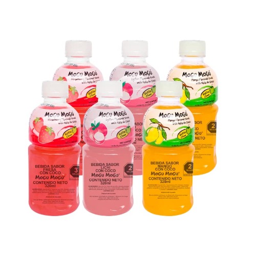 6 pack de bebidas orientales sabor mango, lychee, fresa con trozos de coco Mogu Mogu 355ml c/u