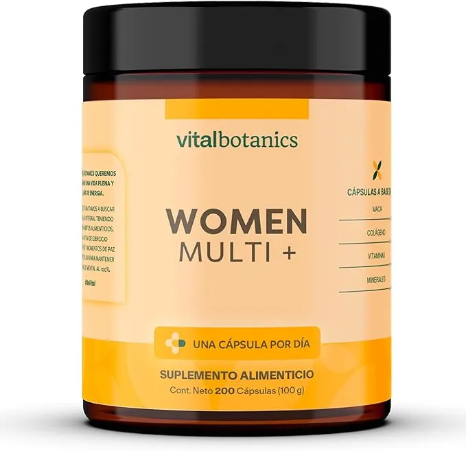 Women Multivitamin + con 200 capsulas. Multivitamínico para Mujer con Colágeno Hidrolizado, Ácido Fólico, Biotina, Hierro, Calcio, Magnesio, Maca, Zinc y Vitamina D (400 IU) Complejo B VitalBotanics.
