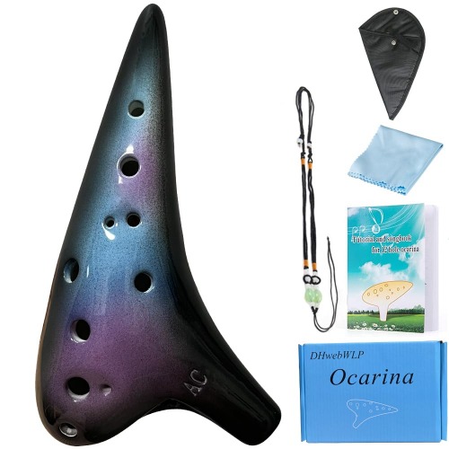 DHwebWLP - Instrumento de ocarina de 12 agujeros con libro de canciones para principiantes, cerámica Alto C (azul estrellado, morado y negro)