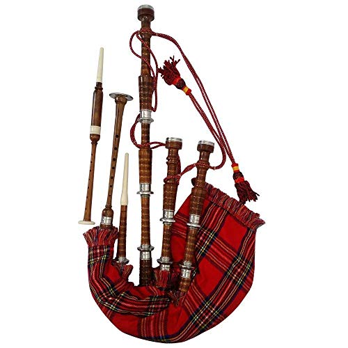 AAR Scottish Bagpipe Rosewood Royal Stewart Tartan Natural Color with Silver Plain Mounts Free Tutor Book, Carrying Bag, Drone, Reeds - Brown, Royal Stewar