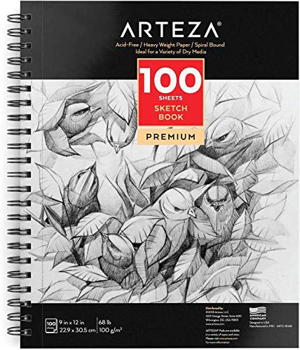 Arteza 9X12" Sketch Book, 100 Sheets (68 lb/100gsm), Spiral Bound Artist Sketch Pad, Durable Acid Free Drawing Paper, Ideal for Adults & Teens, Bright White - 9X12 2