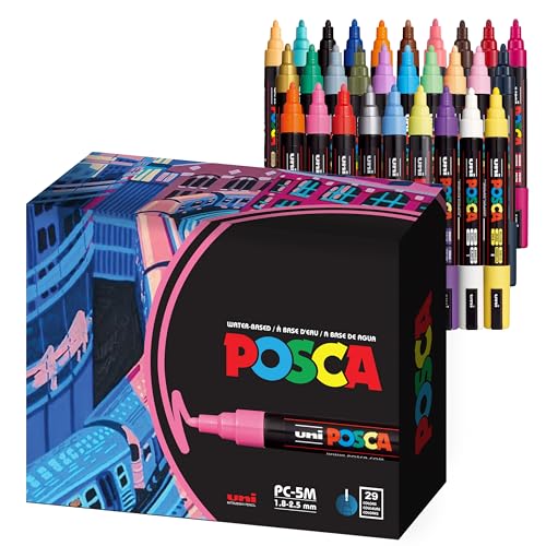 29 5M Medium Posca Markers with Reversible Tips, Set of Acrylic Paint Pens for Art Supplies, Fabric Paint, Fabric/Art Markers - Multicolor