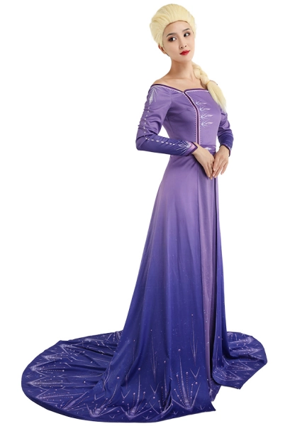 Princess Elsa Cosplay Costume Purple Dress Off The Shoulder Robe Gown