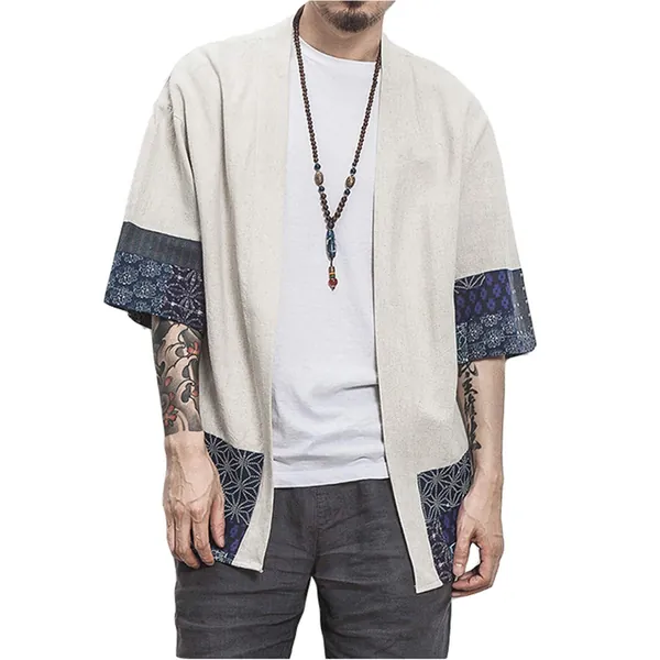 perdontoo Men's Cotton Kimono Jackets Loose Open Front Cardigan Cloak