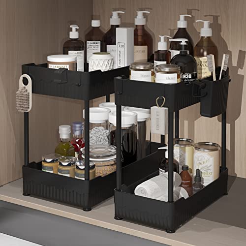 Sevenblue 2 Pack Under Sink Organizers and Storage,Under Bathroom Cabinet Organizer with Hooks Hanging Cup,Multi-Purpose Storage Shelf for Kitchen Bathroom,Black (Black) - Black