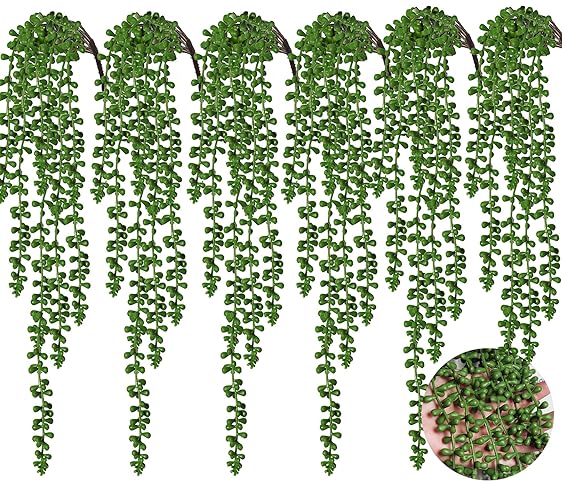 RECUTMS 6pcs Artificial Succulents Hanging Plants Fake Hanging Plants String of Pearls Faux Greenery Wall Plant Artificial Plants Indoor Outdoor Home Decor - Green-6pcs