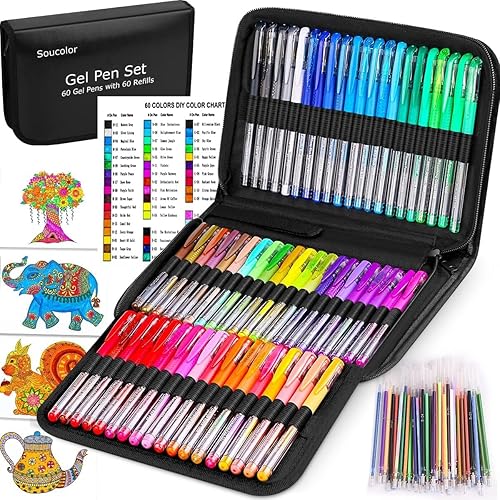 Soucolor Gel Pens for Adult Coloring Books, Deluxe 120 Pack-60 Colored Gel Pens, 60 Refills and Travel Case, with 40% More Ink Gel Art Markers Set for Drawing Journaling Scrapbooking Art Kit Supplies - Black