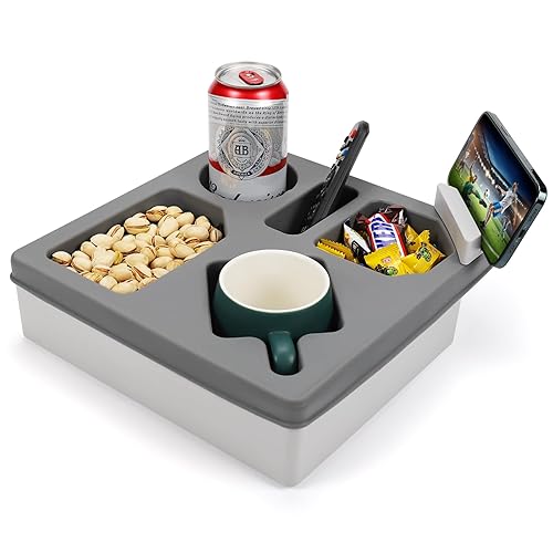 Couch Cup Holder Tray, Silicone Sofa Couch Caddy for Bed Seat Beach Organizer, Waterproof Sofa Cup Holder with Phone Stand for TV Remote, Snacks, Drinks, Cellphone (Grey) - Gray