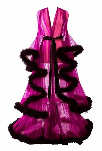 Changuan Sexy Feather Robe Long Fur Tulle Robe Sheer Lingerie Maternity Photoshoot Dress Sleepwear Nightgown Bathrobe - 4X-Large - Fuchsia-black