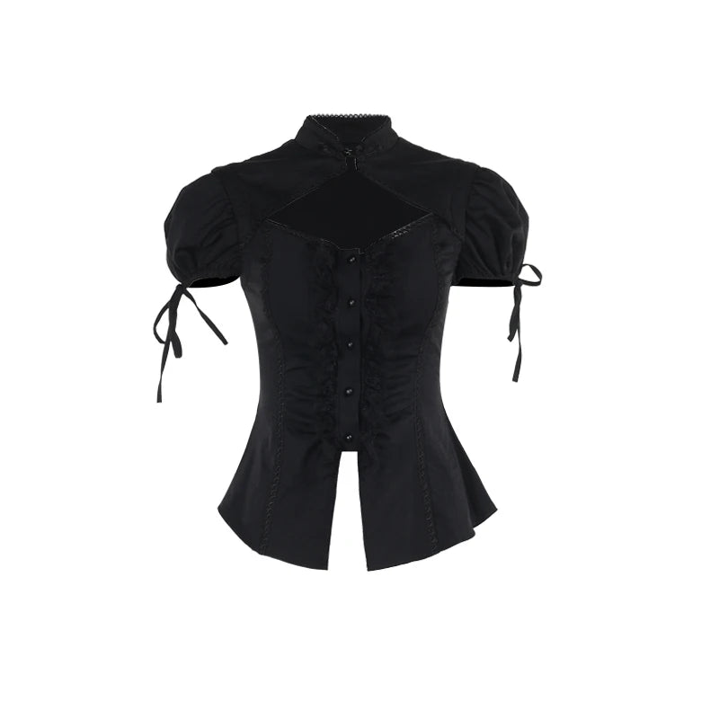 Goth 'Doom' Black Lace Ruffle Button Short Sleeve Top - Black / S