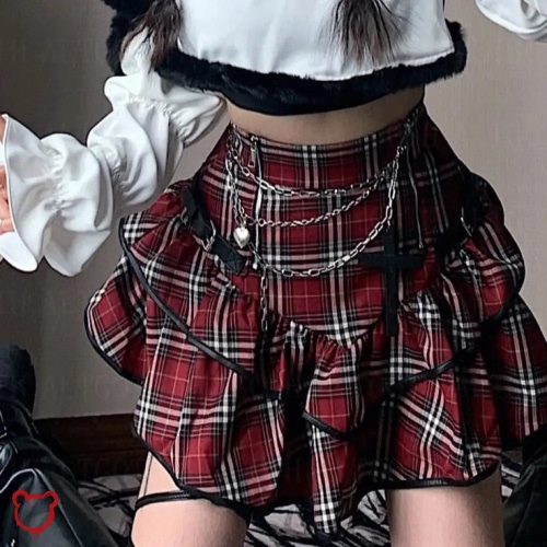 Red Plaid Skirt - Red / S