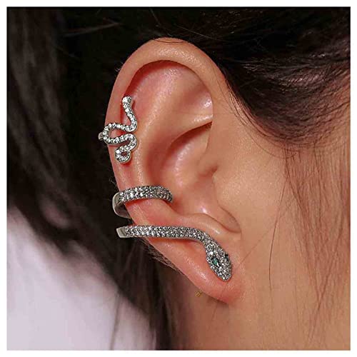Allereyae Vintage Crystal Snake Stud Earrings Rhinestone Snake Climber Earrings CZ Snake Ear Clip Wrap Around Earring Silver Punk Snake Earrings Jewelry for Women and Girls (Silver) - Silver