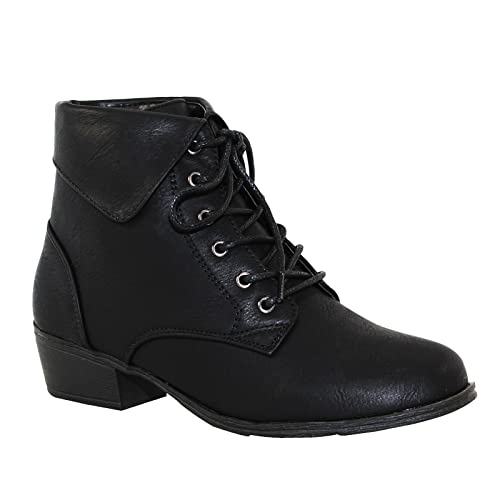 TOP Moda EC89 Women's Foldover Lace Up Low Chunky Heel Ankle Booties - 9 - Black