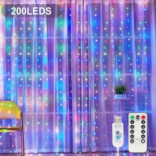 1pc Curtain Lights, 300 LED Curtain Fairy Lights With Remote Control, 8 Modes 9.8×9.8ft Curtain String Lights, Waterproof, USB Powered, Outdoor Wall Garden Home Bedroom Window Christmas Wedding Party Camping Decoration