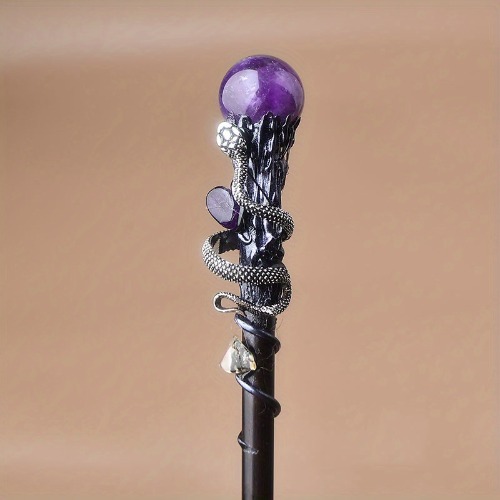 1PC Exquisite Elegant Natural Crystal Wand, Handmade Wooden Magic Scepter Witch Cane, Halloween Christmas Cosplay Costume Props, Bar Club Rave Party Play Decors Photography Props, Stage Performance Accessories
