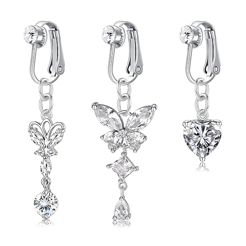 NIUSIMAN 3PCS Fake Belly Button Piercing Silver Clip On Belly Button Ring Surgical Dangly Belly Button Bars Steel for Women CZ Heart Crystal Pendant Clip On Fake Belly Button Piercing Butterfly Long - Silver-LFA