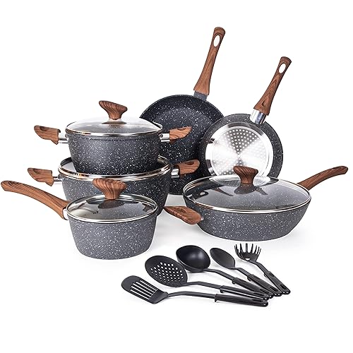 Non Stick Pots and Pans Set – Induction Hob Pots Set – 15pcs Kitchen Cookware with Lids – Cooking Marble Saucepan Pots - by Nuovva - 15pcs - Marble