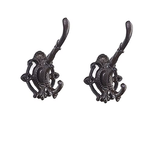 KiaoTime Vintage Cast Iron Wall Hooks Hanger Coat Rack Wall Decor, Set of 2, French Country Farm Chic Rustic Coat Hooks | Great for Coats, Bags, Towels, Hats, Keys, Robes