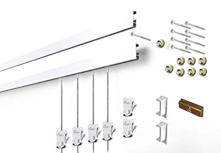 STAS Cliprail Picture Hanging System Set - Covers 9.84 ft of Wall Space - Basic Picture Rail & Art Hanging Gallery Kit (White Rails, Includes 6 Hooks & 4 Cords) - 9.84ft of Rails, 6 Hooks & 4 Steel Cords - White