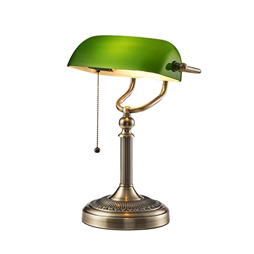 Newrays Green Glass Bankers Desk Lamp with Pull Chain Switch Plug in Fixture - Green