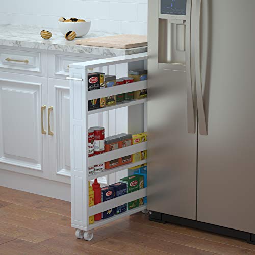MUSEHOMEINC Compact Space Kitchen Pantry,4-Tier Kitchen Removable Storage Cart, Slim Slide Out Rolling Pantry Shelf for Narrow Spaces（White） - White