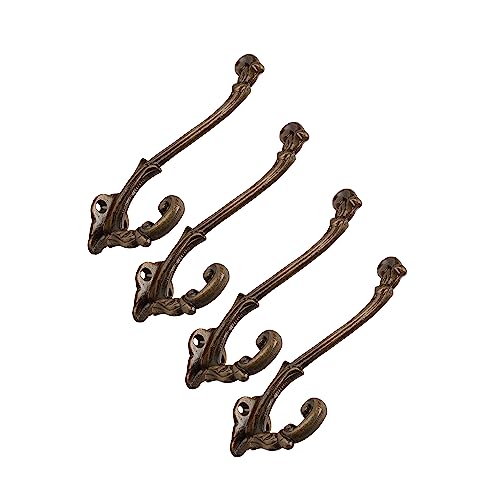 CRAFTSMAN ROAD Vintage Cast Iron Wall Hooks (Antique Brass Finish, Set of 4) - Rustic, Farmhouse, French Country Coat Hooks | Great for Coats, Bags, Towels, Hats | French Slender - Antique Brass