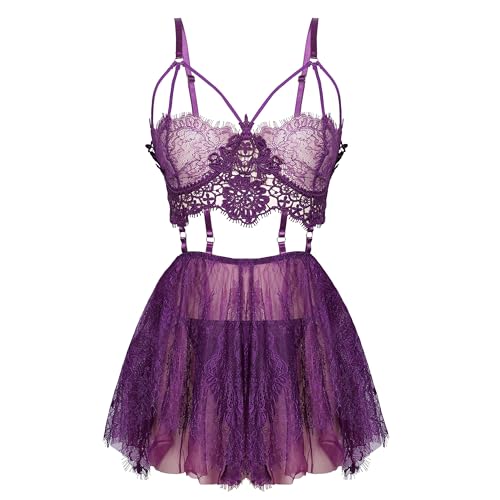 SPORCLO Plus Size Lingerie for Women Lace Black Babydoll Sexy Mesh High Waisted Nightdress Strappy Exotic Sleepwear - 5X-Large - Purple