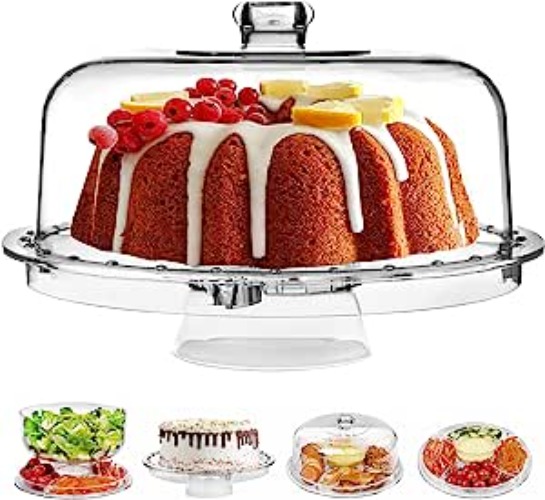 HBlife Acrylic Cake Stand with Dome Cover Multifunctional Serving Cookie Platter Punch Bowl and Cake Plate for Dessert Table Display for Parties (6 Uses)