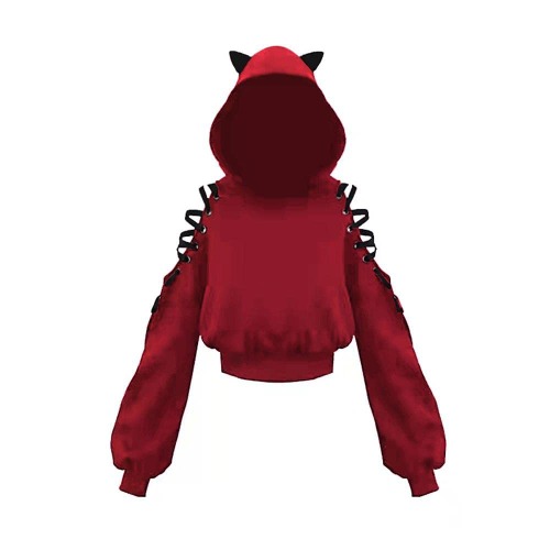 ZOMIHOYANG Women Long Sleeve Cute Ear Cat Off Shoulder Crop Tops Pullover Hoodies Sweatshirt - Red X-Large