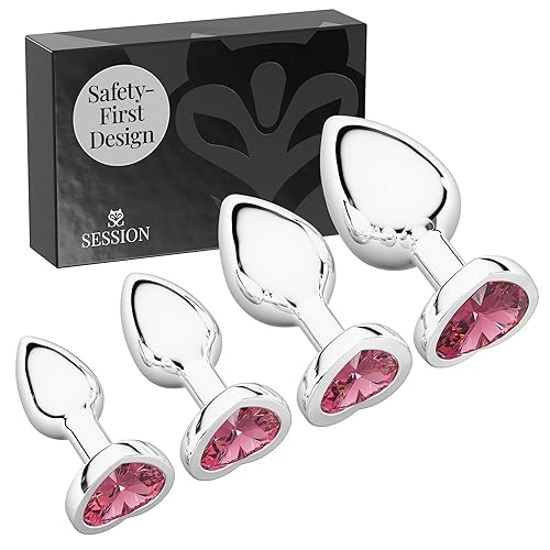 Session Jewel Butt Plug Beginner 4 Piece Set - Extra Small, Small, Medium, Large - Wide Base Prevents Slippage - Metal Anal Sex Adult Toy for Men & Women - Heart Shaped Charm (Silver & Pink) - Silver & Pink - Heart Shaped Charm