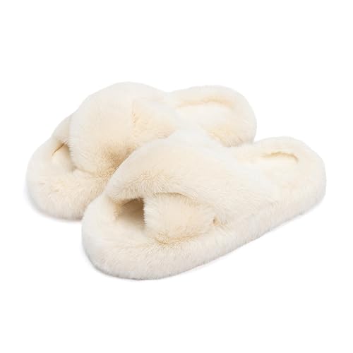 Chantomoo Women's Slippers Memory Foam House Bedroom Slippers for Women Fuzzy Plush Comfy Faux Fur Lined Slide Shoes Anti-Skid Sole Trendy Gift Slippers - 11-12 - Beige Cross