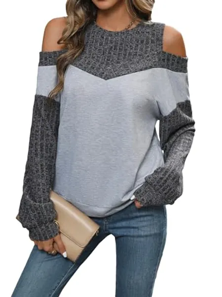 SweatyRocks Women's Colorblock Cold Shoulder Long Sleeve Sweatshirt Round Neck Pullover Tops