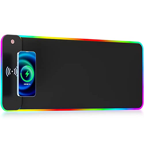 Wireless Charging RGB Gaming Mouse Pad 10W, LED Mouse Mat 800x300x4MM, 10 Light Modes Extra Large Mousepad Non-Slip Rubber Base Computer Keyboard Mat for Gaming, MacBook, PC, Laptop, Desk - RGB Wireless Charging