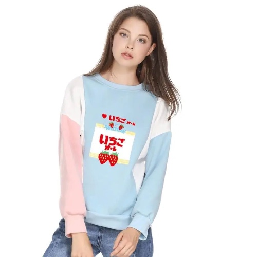 Adorable Strawberry Japanese Pastel Patchwork Crewneck Sweater - Blue / XL