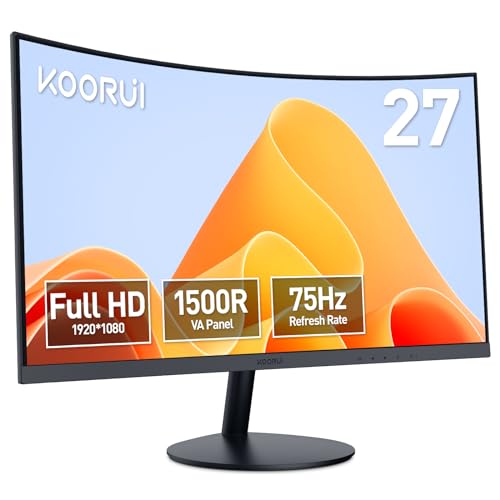 KOORUI 27-Inch Curved Computer Monitor- Full HD 1080P 75Hz Gaming Monitor 1500R LED Monitor HDMI VGA, Tilt Adjustment, Eye Care, Black - 27 Inch - FHD/75Hz/1500R