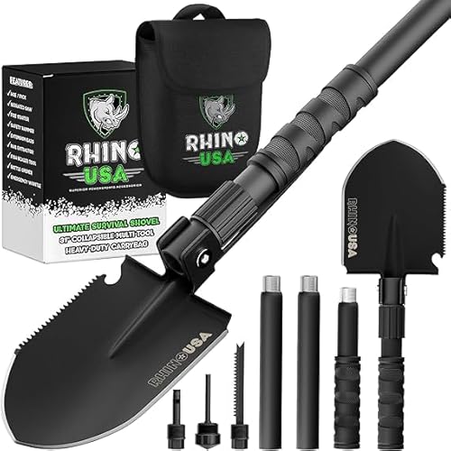 Rhino USA Survival Shovel w/Pick - Heavy Duty Carbon Steel Military Style Entrenching Tool for Off Road, Camping, Gardening, Beach, Digging Dirt, Sand, Mud & Snow. (Survival Shovel) - Ultimate Survival Shovel