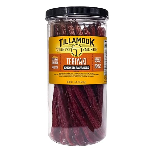 Tillamook Country Smoker Real Hardwood Smoked Sausages, Teriyaki, 15.2 Ounce Tall Jar, 20 Count - Teriyaki Smoked Sausages - 15.2 Ounce (Pack of 1)