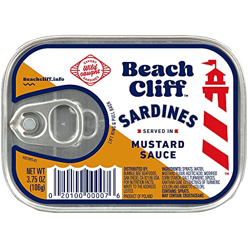 Beach Cliff Wild Caught Sardines in Mustard Sauce, 3.75 oz Can (Pack of 12) - 18g Protein per Serving - Gluten Free, Keto Friendly - Great for Pasta & Seafood Recipes - Mustard Sauce - 3.75 Ounce (Pack of 12)