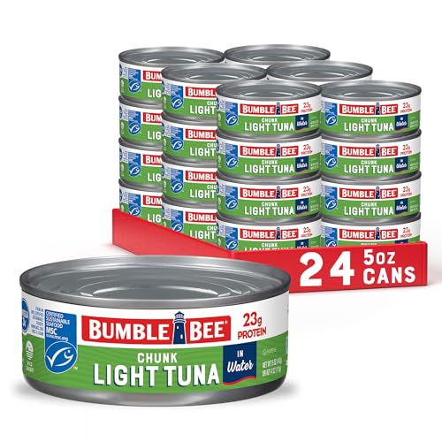 Bumble Bee Chunk Light Tuna In Water, 5 oz Cans (Pack of 24) - Wild Caught - 22g Protein Per Serving - Non-GMO Project Verified, Gluten Free, Kosher - Great For Tuna Salad & Recipes - In Water - 5 Ounce (Pack of 24)