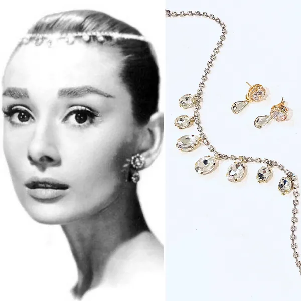 Old Hollywood Glamour Audrey Hepburn Hair Jewelry Necklace Set Funny Face 1950s vintage Jewelry vintage earrings Lily Collins Emily in Paris