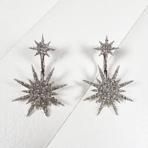 Vintage Silver Starburst Drop Earrings, Crystal Bridal Earrings, Vintage Wedding Earrings, Retro Wedding Jewelry