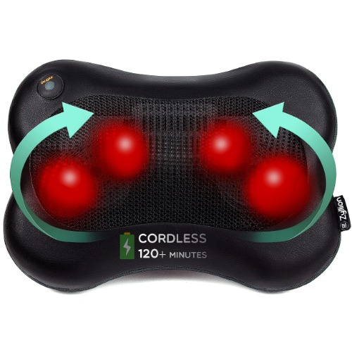 Zyllion Shiatsu Back and Neck Massager - Cordless Rechargeable 3D Kneading Massage Pillow with Heat for Muscle Pain Relief - Black (ZMA-13RB-BK)