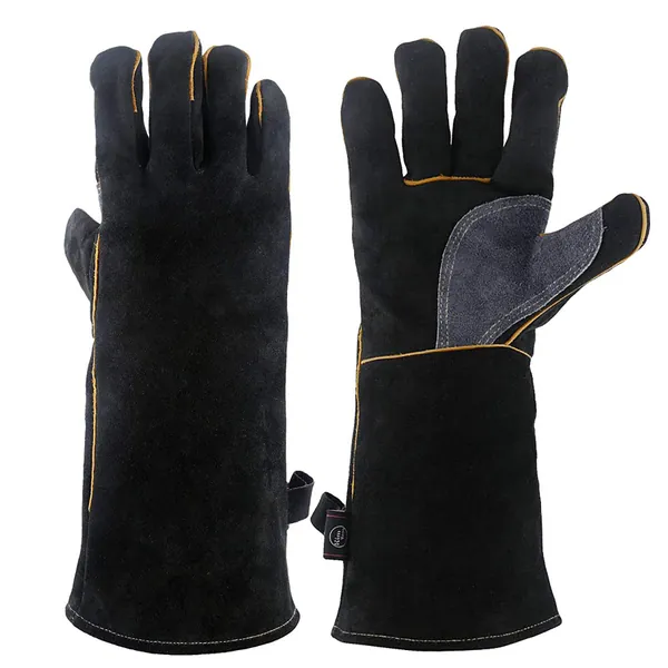 KIM YUAN Extreme Heat & Fire Resistant Gloves Leather with Kevlar Stitching,Perfect for Fireplace, Stove, Oven, Grill, Welding, BBQ, Mig, Pot Holder, Animal Handling, Black-Grey 14in/35cm 1 Pair