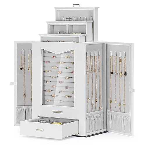 Homde Jewelry Organizer with Transparent Window Necklace Hooks Gift for Women Jewelry Box Display Case for Necklaces Rings Earrings Bracelets and Other Jewelry Accessories (White) - White