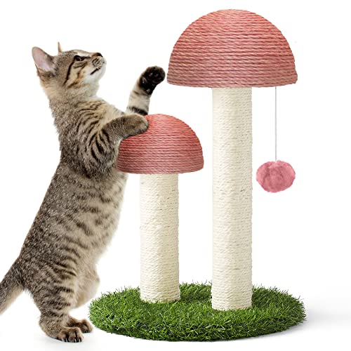 DONORO 18" Cat Scratching Posts for Indoor Cats Featuring with 2 Mushroom Scratch Poles and Interactive Dangling Ball, Sisal Rope Cat Scratcher Tree for Small Cat Kitten (Pink) - Pink