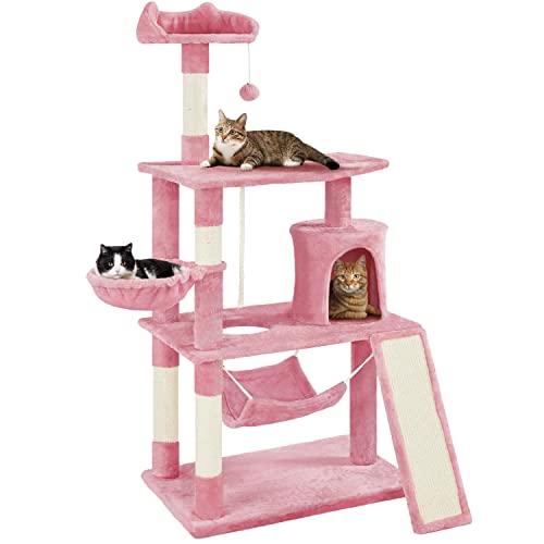Yaheetech 63.5″ H Cat Tree, Multi Level Cat Tree Condo with Basket Hammock Scratching Post, Cat Furniture for Indoor Cats - Pink