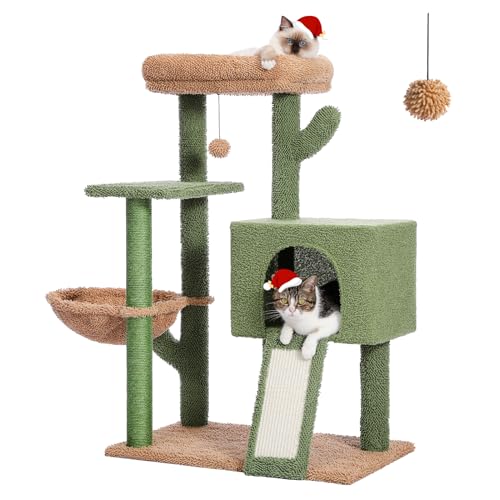 PAWZ Road 41 Inches Cactus Cat Tower with Sisal Covered Scratching Post and Cozy Condo for Indoor Cats, Cat Climbing Stand with Plush Perch &Soft Hammock for Multi-Level Cat Play House - 42" with Cactus Large Bottom